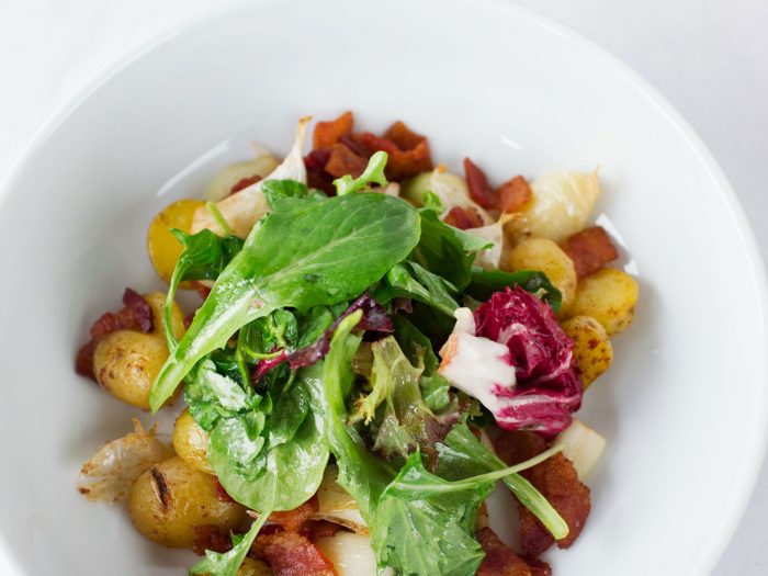 Hot Bacon, Roasted Garlic & Watercress Salad