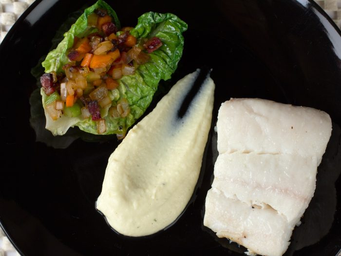Halibut with Baby Romaine, Guanciale, and Parsnip Puree