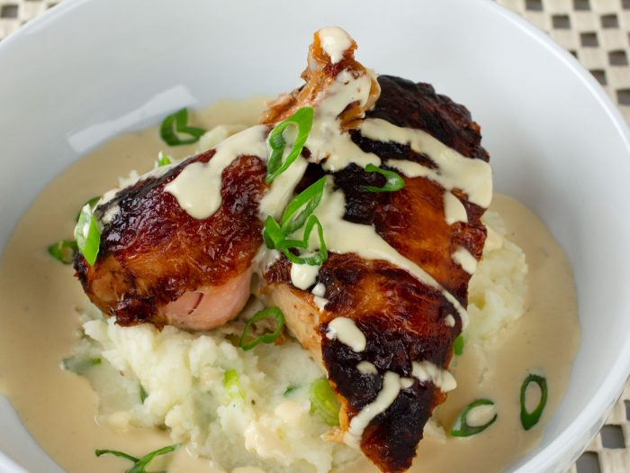 Rotisserie Chicken with Green Onion Mashed Potatoes and Mustard Sauce