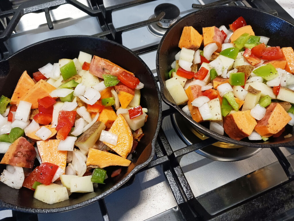 personal breakfast skillets with green and red peppers and sweet and russet potatoes